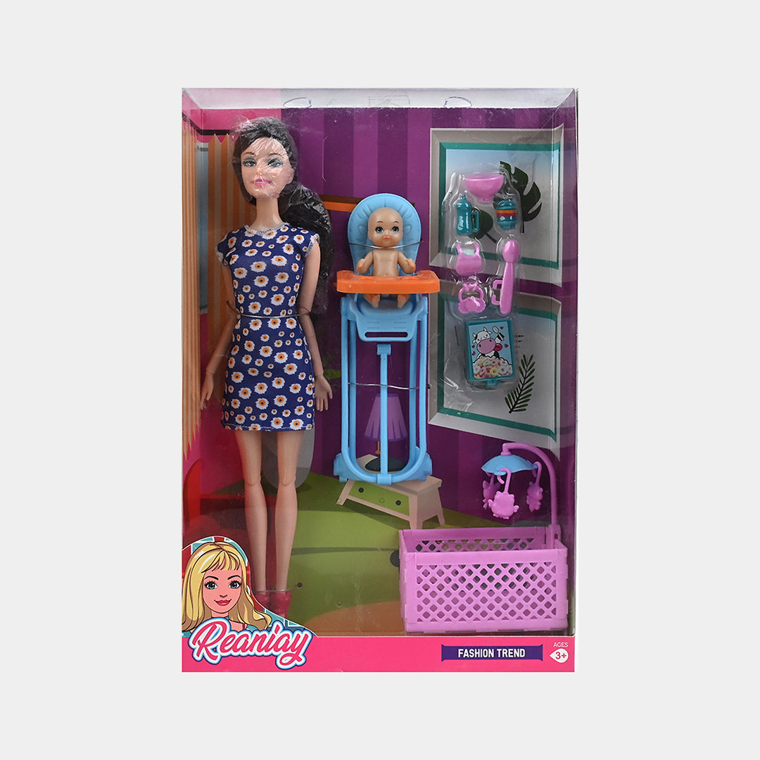 Doll with Baby & High Chair Playset