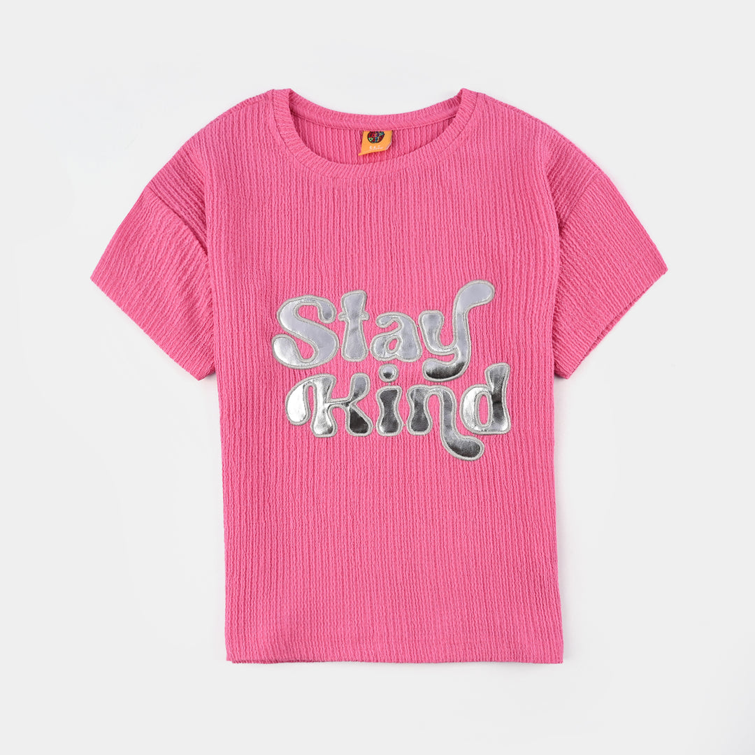 Girls Poly Crinkle 2 Piece Suit Smile All Day Long-Hot Pink