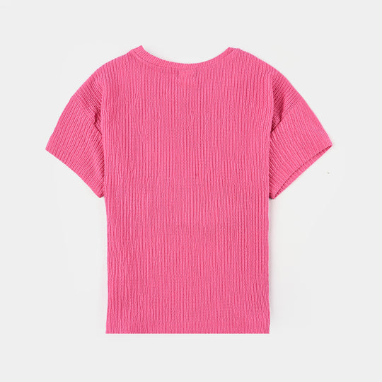 Girls Poly Crinkle 2 Piece Suit Smile All Day Long-Hot Pink