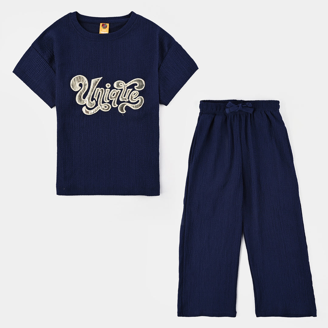 Girls Poly Crinkle 2 Piece Suit Unique-Navy Blue