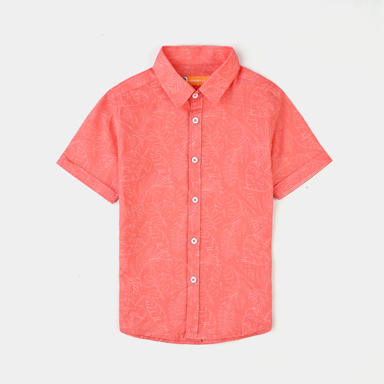 Boys Cotton Casual Shirt H/S (Leaves)-Peach