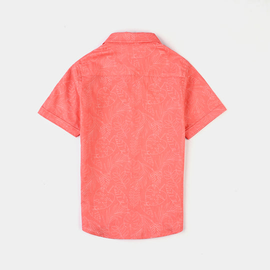 Boys Cotton Casual Shirt H/S (Leaves)-Peach