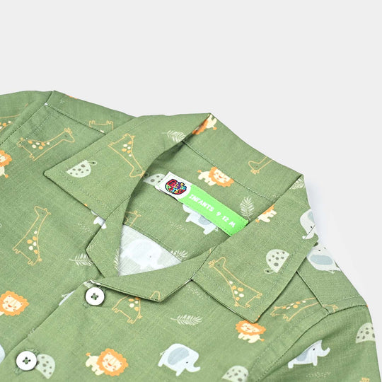 Infant Boys Cotton Slub Basic Casual Shirt (Alligator Star)-Green