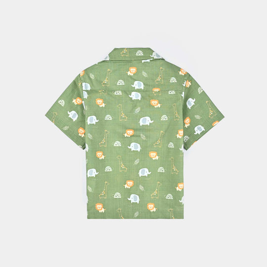 Infant Boys Cotton Slub Basic Casual Shirt (Alligator Star)-Green