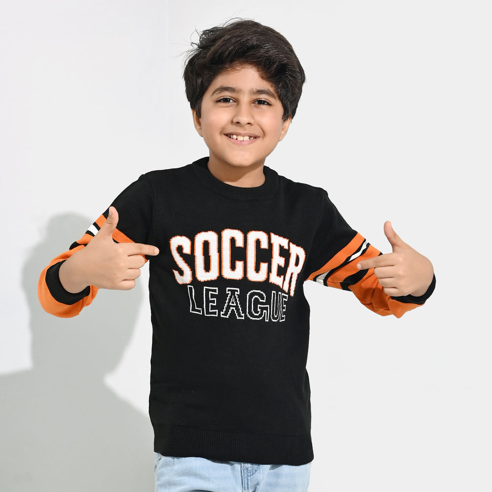 Boys Acrylic Sweater-Soccer-Black/Orange