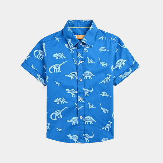 Boys Cotton Poplin Casual Shirt H/S (Dinosaur)-Blue