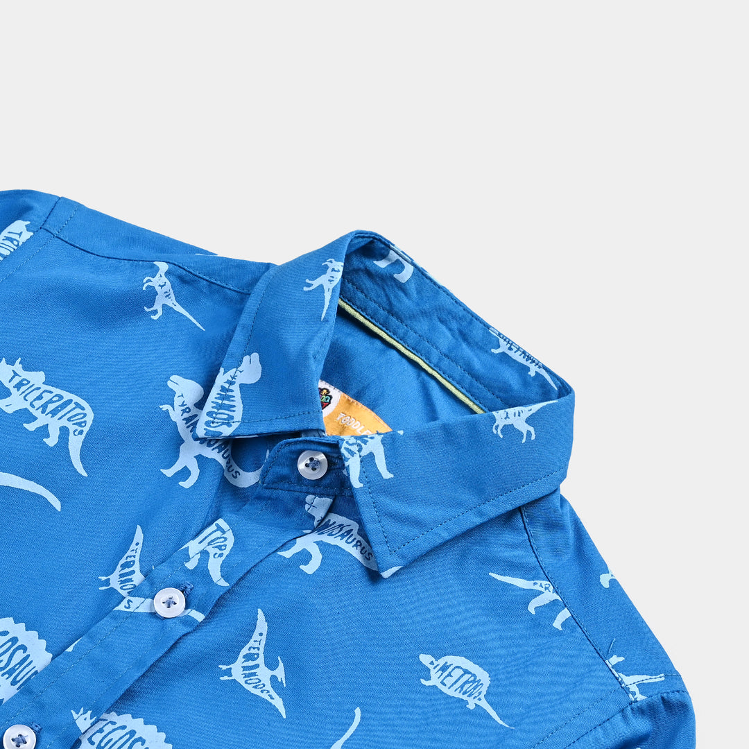 Boys Cotton Poplin Casual Shirt H/S (Dinosaur)-Blue