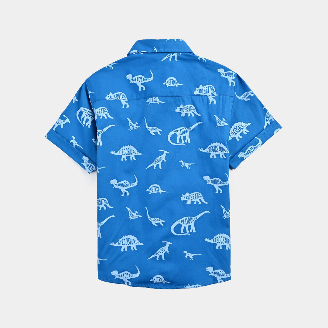 Boys Cotton Poplin Casual Shirt H/S (Dinosaur)-Blue