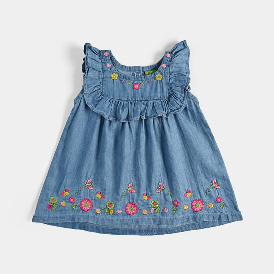 Infant Girls Denim Viscose Emb Top Butterfly Garden-Mid Blue