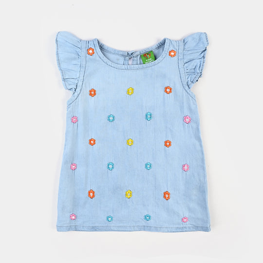 Infant Girls Denim Viscose Emb Top Flower Garden-Mid Blue