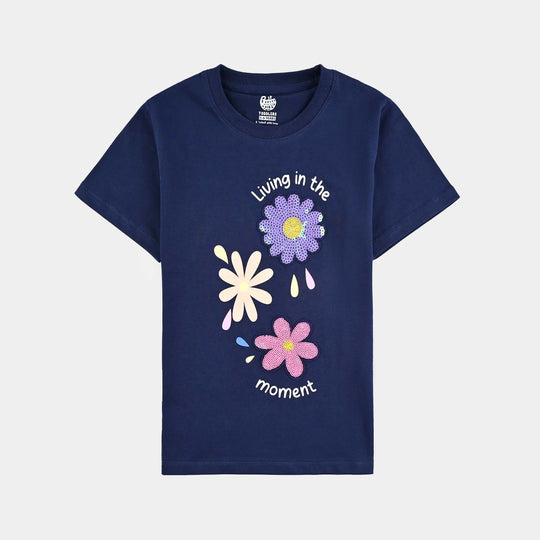Girls Cotton Jersey T-Shirt H/S Flowers-Navy Blue