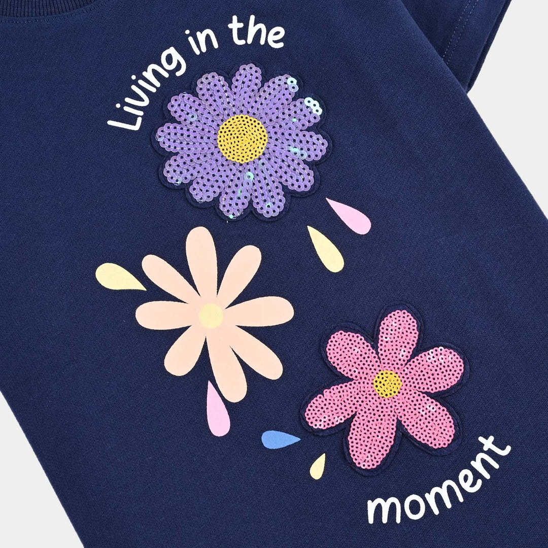 Girls Cotton Jersey T-Shirt H/S Flowers-Navy Blue
