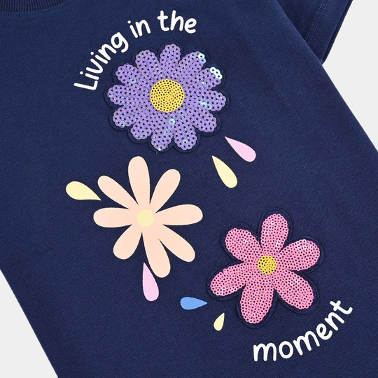 Girls Cotton Jersey T-Shirt H/S Flowers-Navy Blue