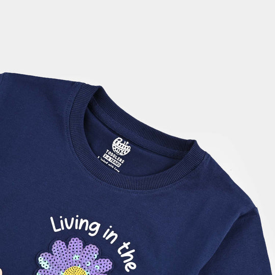Girls Cotton Jersey T-Shirt H/S Flowers-Navy Blue