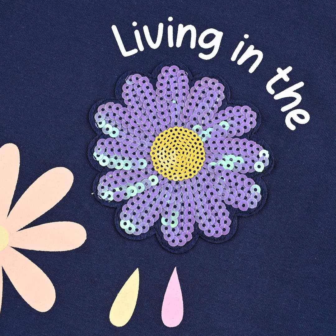 Girls Cotton Jersey T-Shirt H/S Flowers-Navy Blue