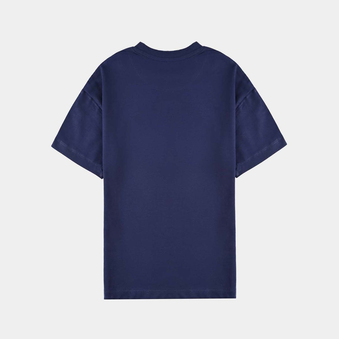 Girls Cotton Jersey T-Shirt H/S Flowers-Navy Blue