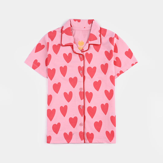 Girls Cotton Night Suit Hearts-Candy Pink