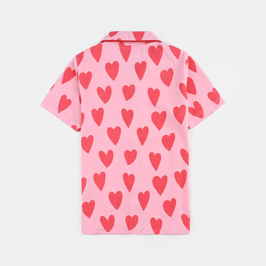 Girls Cotton Night Suit Hearts-Candy Pink