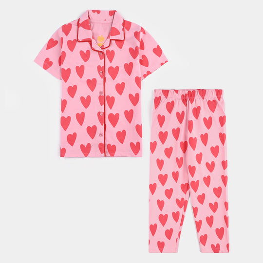 Girls Cotton Night Suit Hearts-Candy Pink