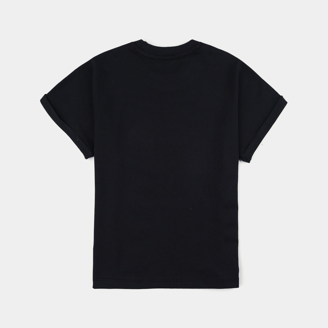 Girls Cotton Jersey T-Shirt Happy Life-Jet Black