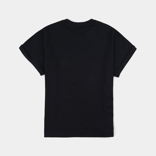 Girls Cotton Jersey T-Shirt Happy Life-Jet Black