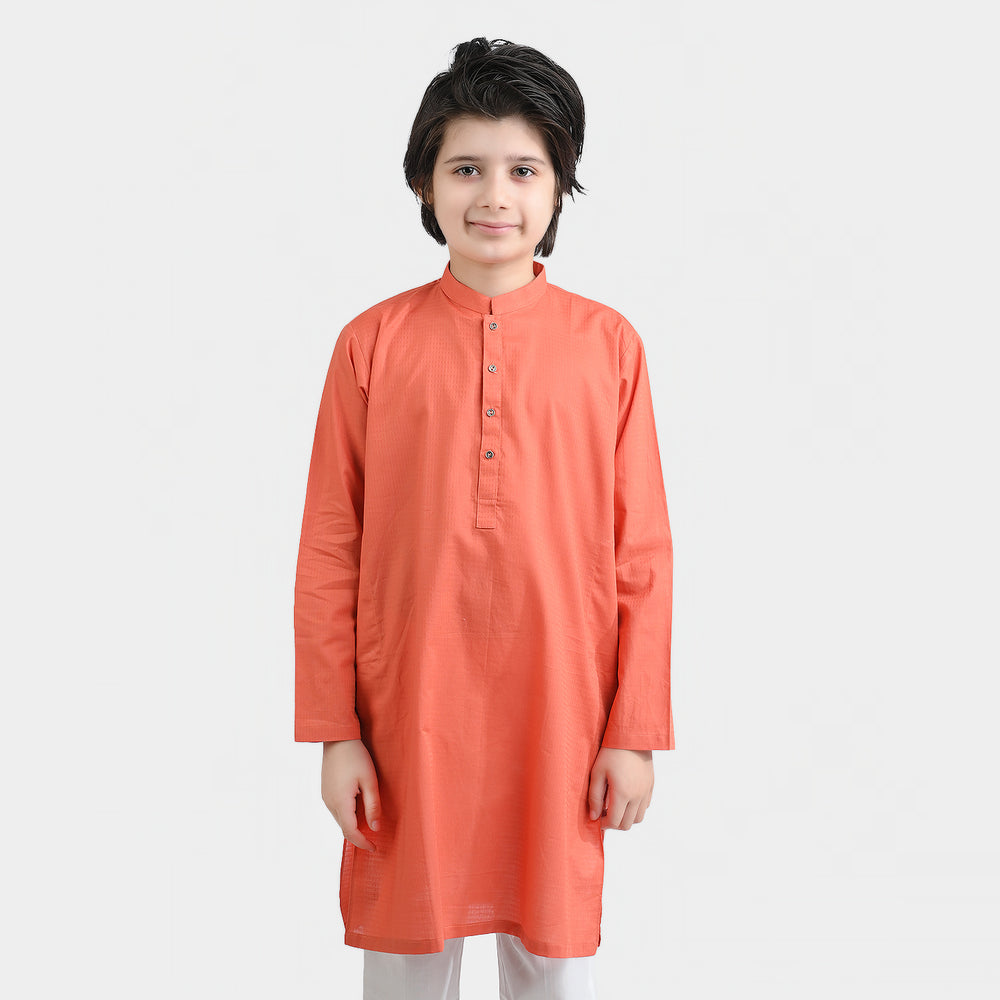 Boys Cotton Jacquard Basic Kurta (Blended Check)-BROWN