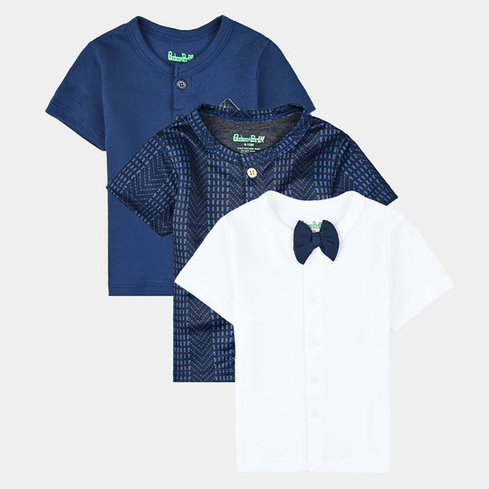 Infant Boys Cotton Interlock Cardigan 3Pc Set-White/Navy