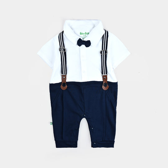 Infant Boys Cotton Interlock Romper-White/Navy