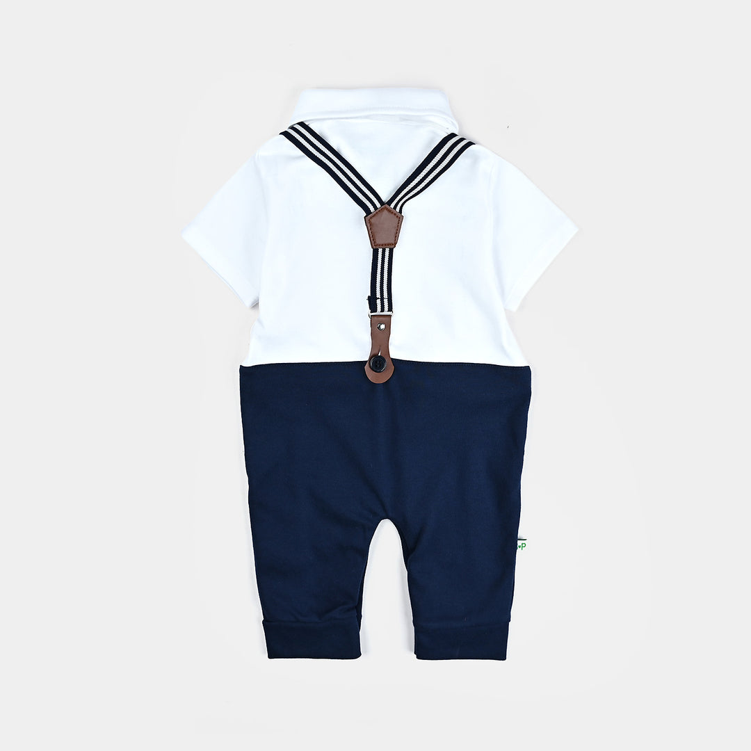 Infant Boys Cotton Interlock Romper-White/Navy