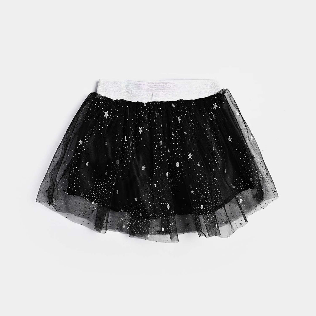 Infant Girls Poly Net Short Skirt Black Glitter Star-BLACK