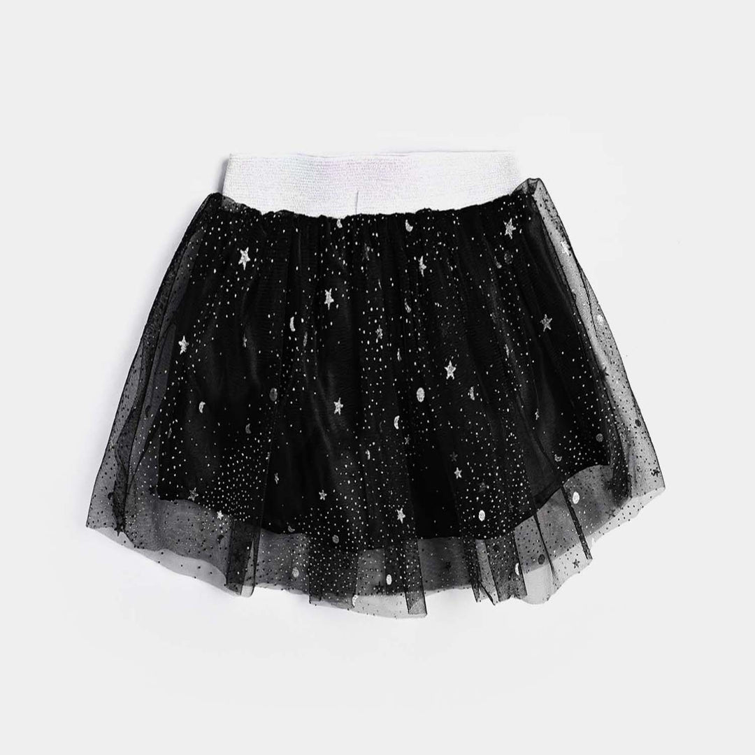 Girls Poly Net Short Skirt Black Glitter Star-BLACK