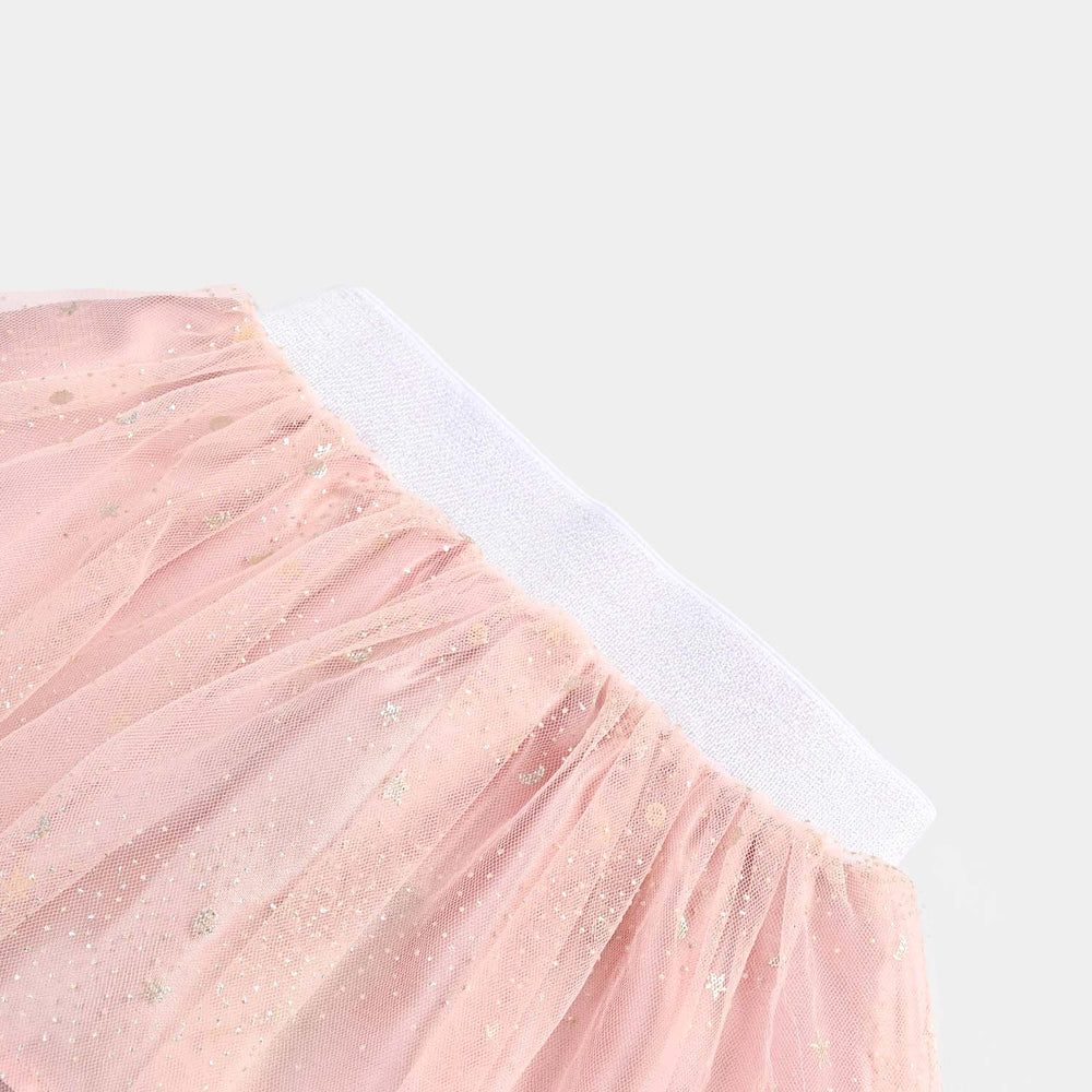 Girls Poly Net Short Skirt Pink Glitter-Pink