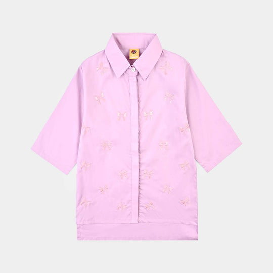 Girls Cotton Emb Top Bow