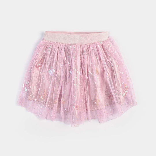 Girls Poly Net Short Skirt Sequence-Pink