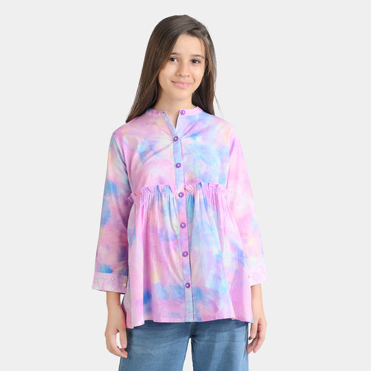 Girls Cotton Poplin Casual Top Puffy Pink-Multi