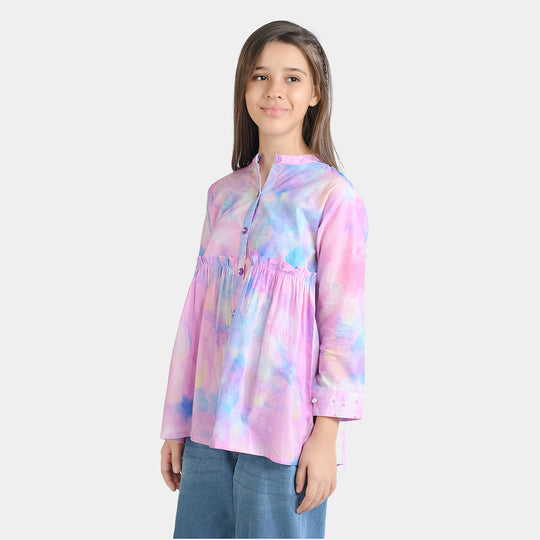 Girls Cotton Poplin Casual Top Puffy Pink-Multi