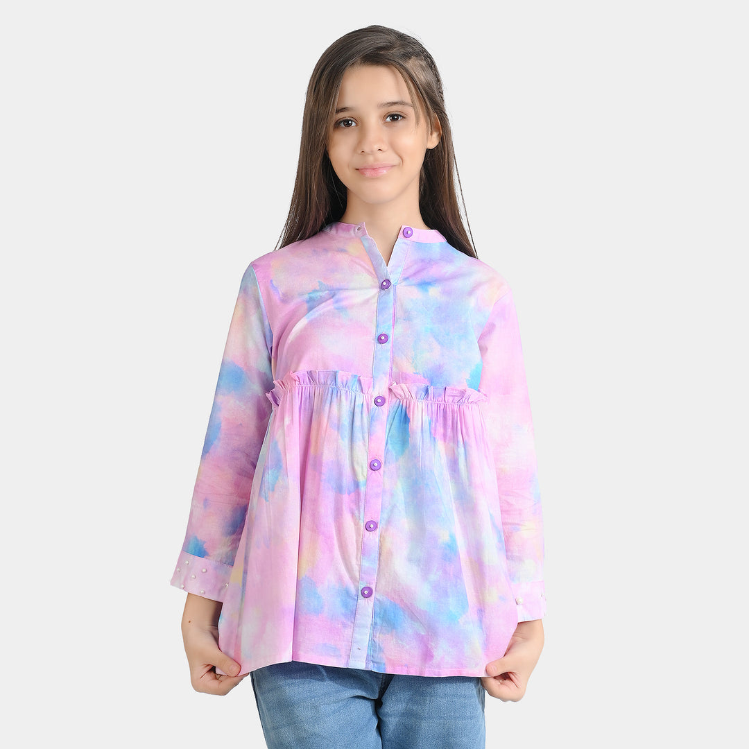 Girls Cotton Poplin Casual Top Puffy Pink-Multi