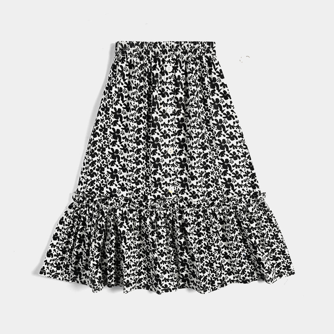 Girls Cotton Poplin Long Skirt Black & White Flower-BLACK