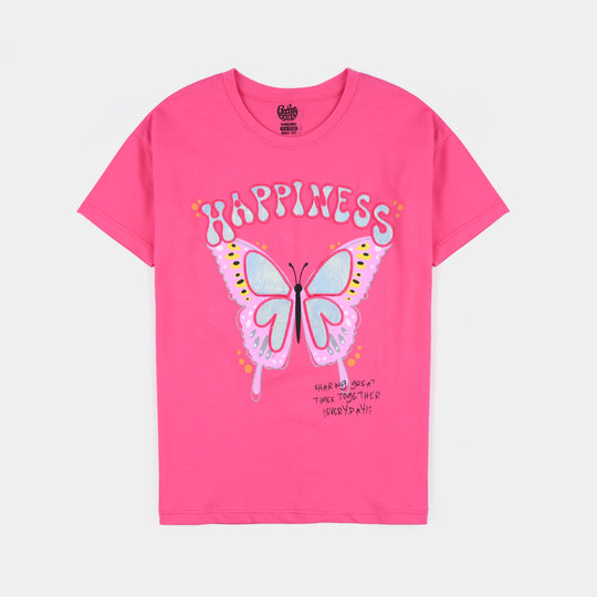 Girls Cotton Jersey T-Shirt H/S Happiness-Hot Pink