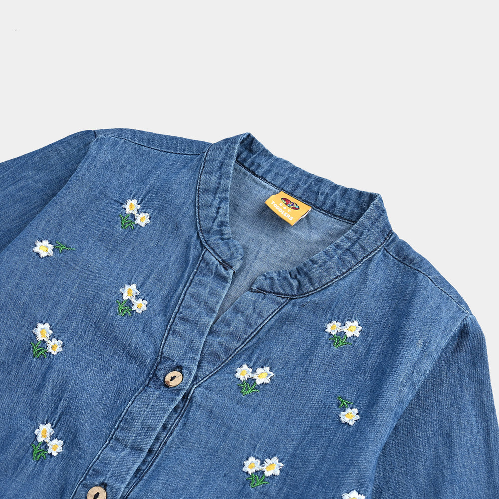 Girls Denim rigid Emb Top Yellow Flowers-Blue