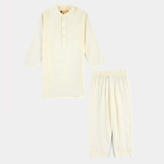 Boys Poly Viscose Kurta Pajama Suit (Square PKT)-Off White