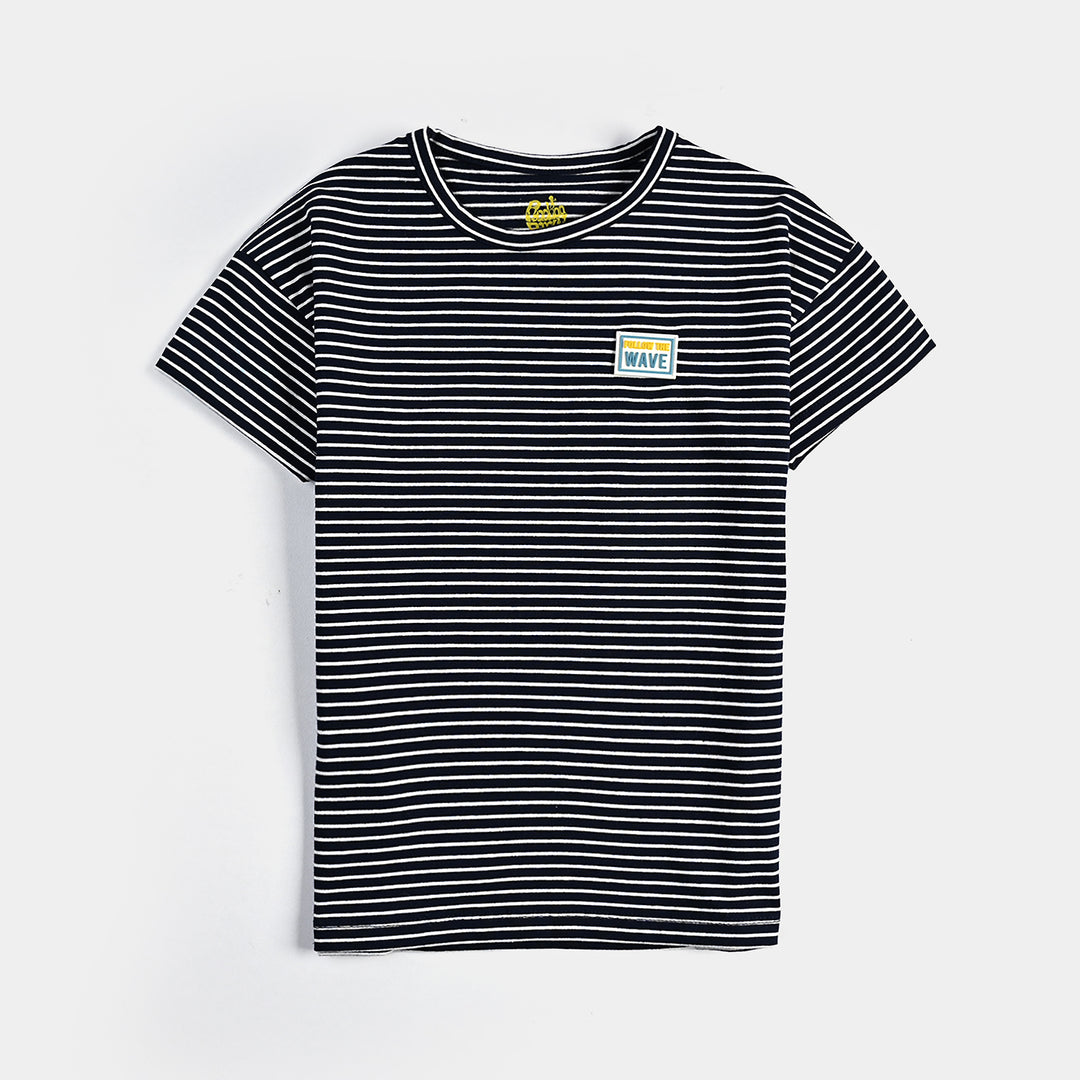 Boys Yarn Dyed T-Shirt H/S Follow The Wave-NAVY