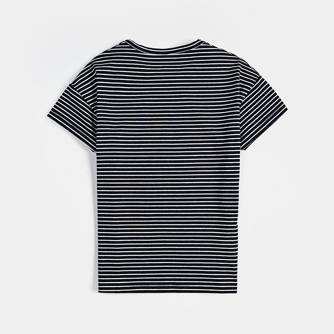 Boys Yarn Dyed T-Shirt H/S Follow The Wave-NAVY