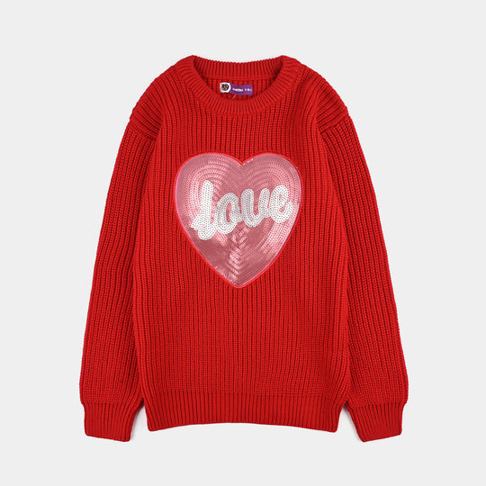 Girls Acrylic Sweater-Sequence Heart-Red