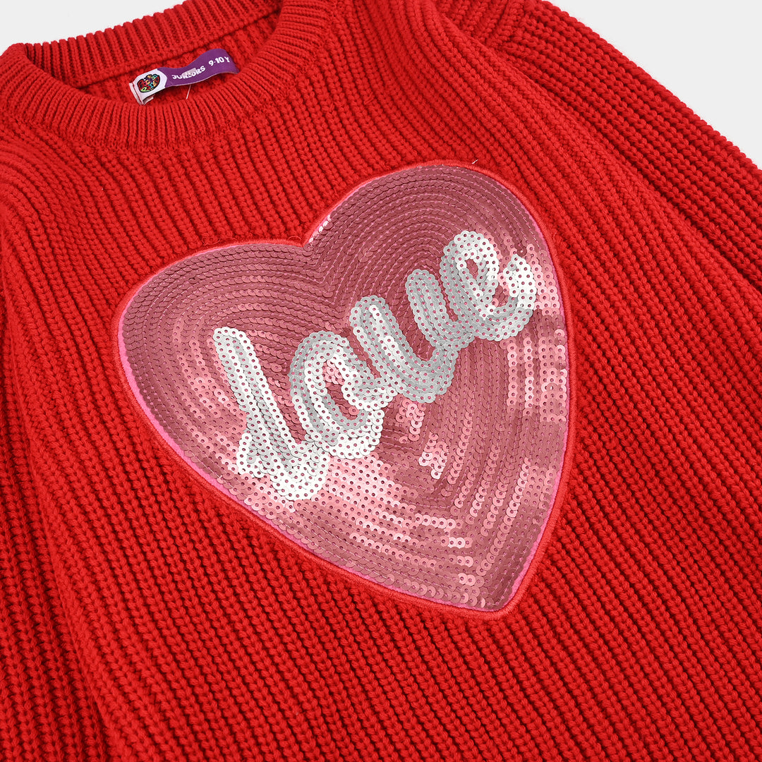 Girls Acrylic Sweater-Sequence Heart-Red