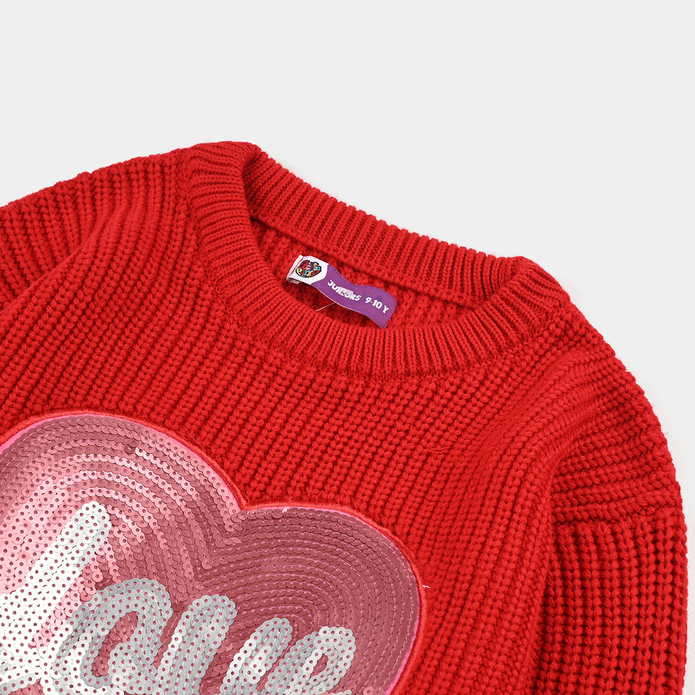 Girls Acrylic Sweater-Sequence Heart-Red