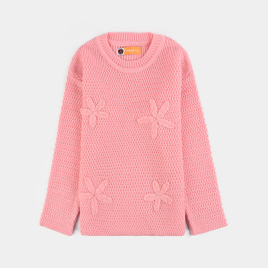 Girls Acrylic Sweater-Flower-Pink