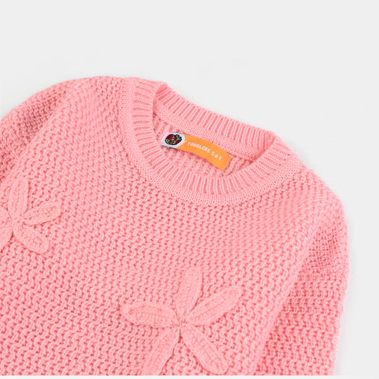 Girls Acrylic Sweater-Flower-Pink