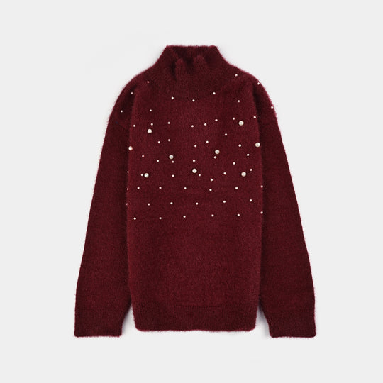 Girls Acrylic-Crystal Feather Sweater-Feather Pearls-MAROON