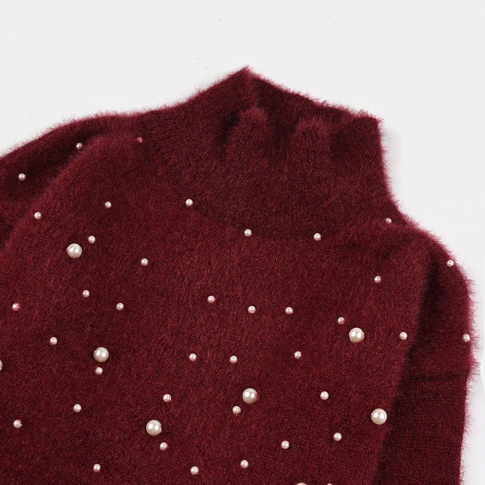 Girls Acrylic-Crystal Feather Sweater-Feather Pearls-MAROON